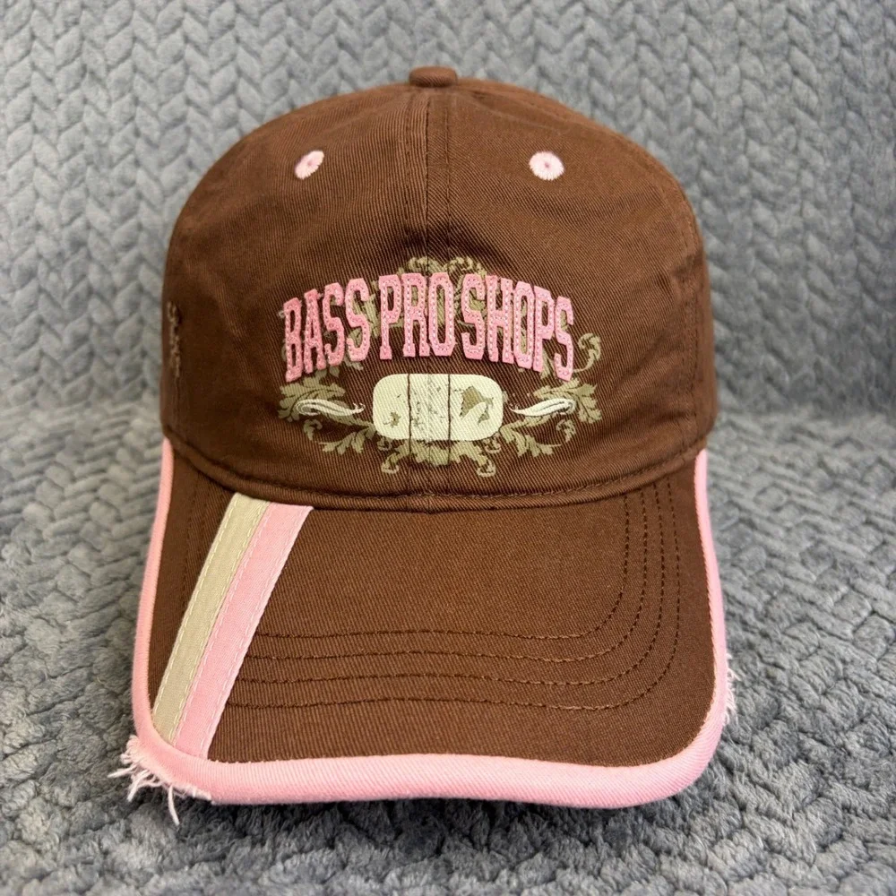 Bass Pro Shops Brown Pink Distressed Embroidered Logo Adjustable Hat Cap